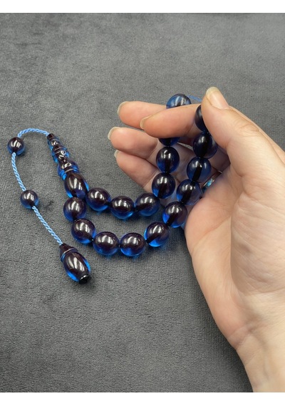 Efe Boy Sistemli İri Tane Safir Mavisi Ateş Kehribar Tesbih 13x15 Mm Mavi