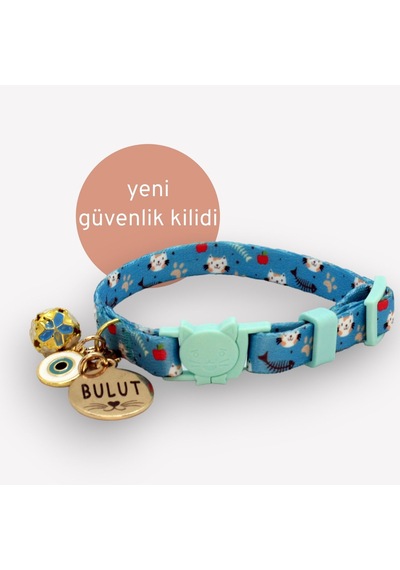 Caramelos Güvenlik Kilitli Kedi Tasması İsimli Kedi Tasması Mavi