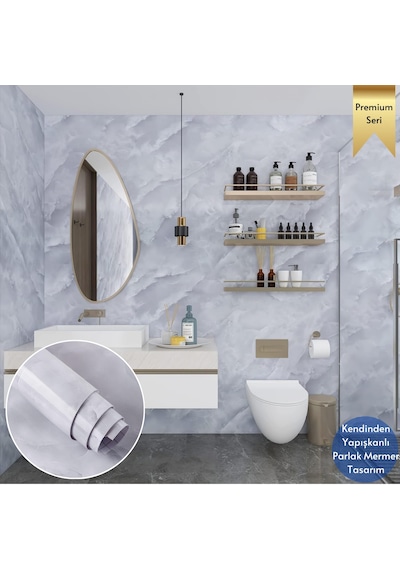 Technosmart 60x500cm Mermer Desen Kendinden Yapışkanlı Duvar Kağıdı Kaplama Mutfak Tezgeh Masa Folyo Açık Gri