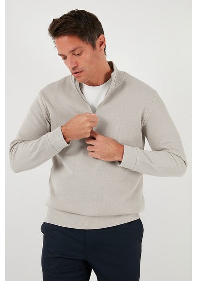 Buratti Pamuklu Relaxed Fit Yarım Fermuarlı Sıfır Yaka Örme Erkek Sweat 5901076 Taş