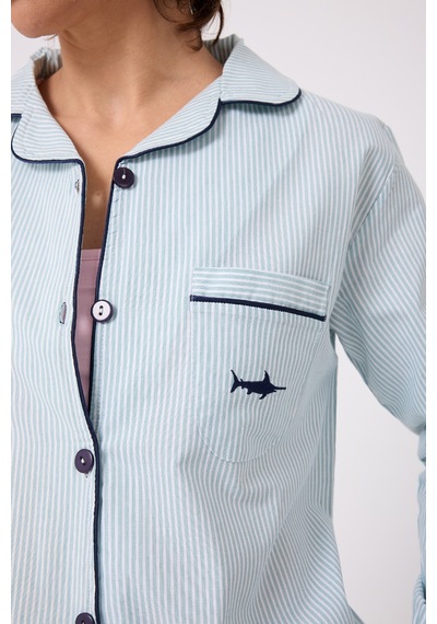 Lespadon Marısılk Seastrıpe Premium Dokuma Uzun Kollu Uzun Pantolonlu Kadın Pijama & Lounge Takımı-3197 Yesil