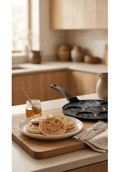 Panface Emoji Pancake Tavası 27 Cm 7 Bölmeli Döküm Alüminyu... Siyah