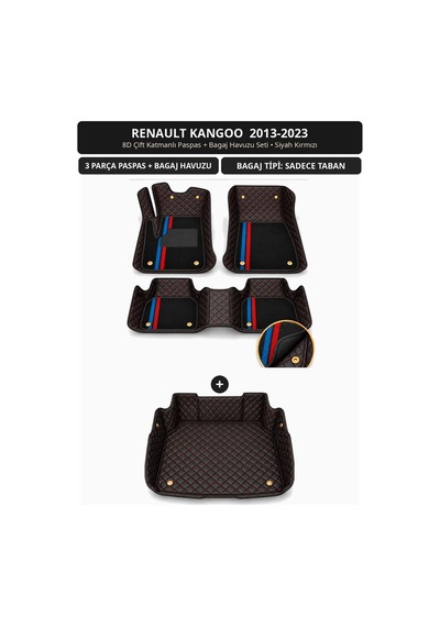 Renault Kangoo 2013-2023 Uyumlu 8d Çift Katmanlı Paspas + Bagaj Havuzu Seti Siyah Kırmızı