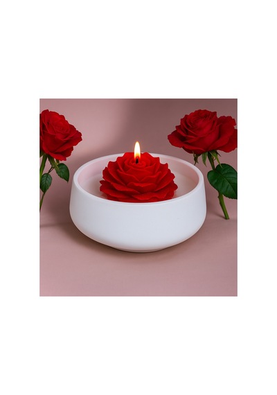 El Yapımı Kırmızı Gül Şekilli Mum Seramik Kaseli Romantik Dekoratif Mum Aymumi Home Beyaz