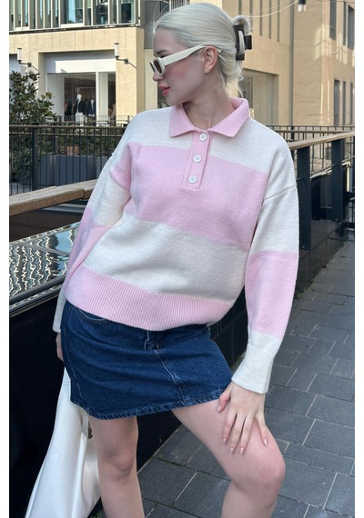 Madmext Pembe Düğmeli Polo Yaka Çizgili Kadın Kazak Mg2286 Pembe