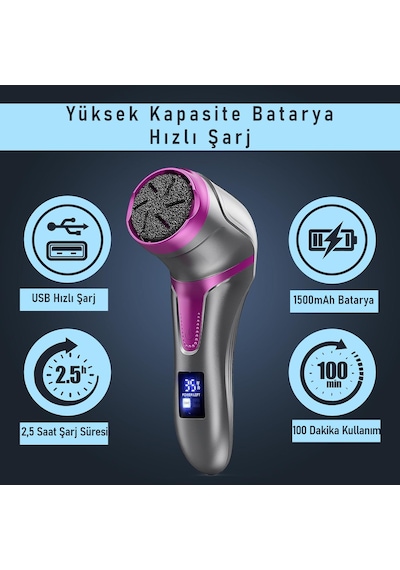 Valkyrie Profesyonel Ayak Bakım Cihazı 360 Dönen Başlık Dijital Ekranlı, Şarjlı & 10 Parça Pedikür Kiti Mor
