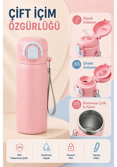 Paslanmaz Çelik Gövde Suluk & Matara 600 Ml Çift Kullanım Pipetli & Pipetsiz Pembe - 914951659 Pembe