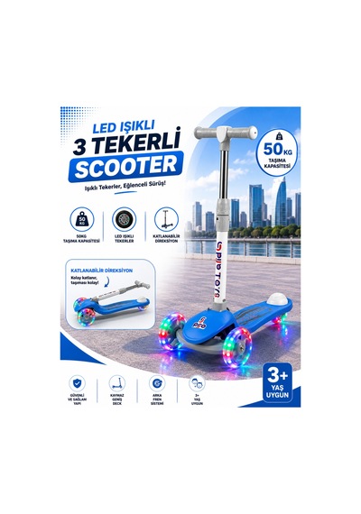 Gtpro Çocuk Scooter Katlanabilir 3+yaş 3tekerli Led Işıklı 50kğ Kapasite Mavi