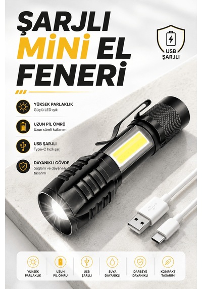 El Feneri Led Usb Şarjlı Zoom Mini Led Işık Acil Durum Feneri - 500