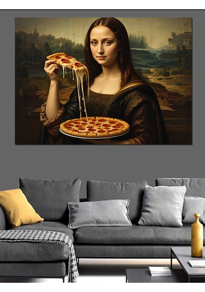 Pizza Yiyen Mona Lisa Dekoratif Kanvas - Mdf Ahşap Tablo