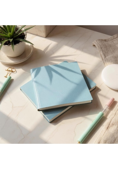Defter, Çizgisiz Not Defteri Pu Deri Not Defteri 16,5x16,5 Cm, 96 Yaprak 192 Sayfa , 90 Gr Buz Mavi
