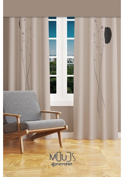 Bej Minimal Çiçek Desenli Süet Oturma Odası Salon Fon Perde Baskılı Ekstrafor Büzgü 2 Kanat Prd-1058 Çok Renkli