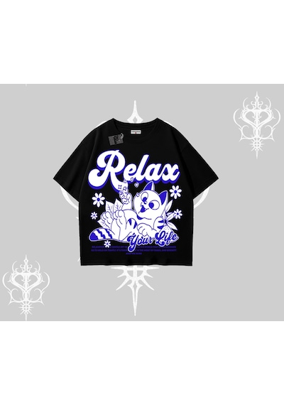 Tarzsokak Relax Kedi Baskılı Oversize Tshirt Siyah