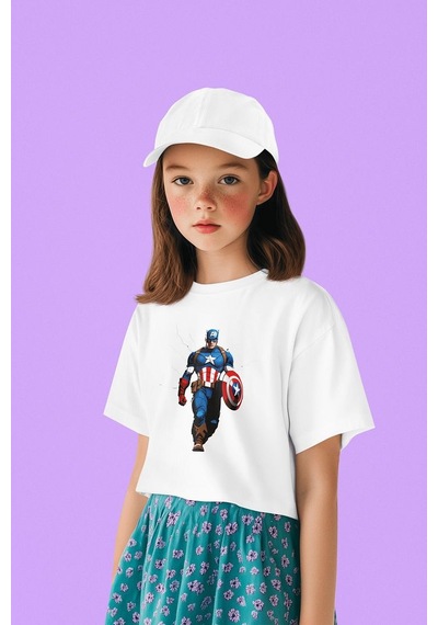 Sevbano Kaptan Amerika Baskılı Unisex Avengers Çizgi Film Çocuk Tişört 1 Beyaz