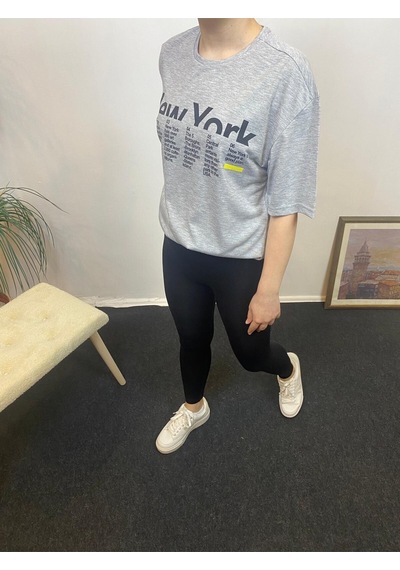 Kadın Bisiklet Yaka Oversize Kalıp New York Baskılı Tişort Spr24tsk112 Gri Melanj