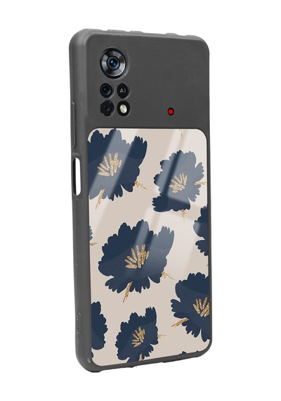 Xiaomi Poco X4 Pro Blue Flowers Tasarımlı Glossy Telefon Kılıfı Siyah