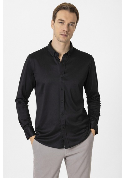 Süvari Siyah Slim Fit Armürlü Düğmeli Yaka Gömlek-34588 Siyah