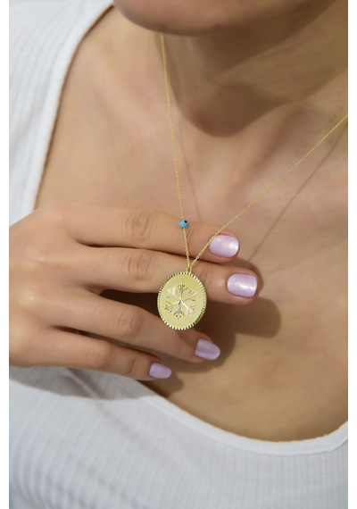 925 Ayar Gümüş Gold Kaplama Kar Tanesi Plaka Kolye UVPTS100166