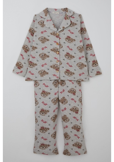 Breeze Kız Çocuk Pijama Takımı Sevimli Fiyonklu Ayıcık Desenli 7-11 Yaş, Açık Gri Melanj