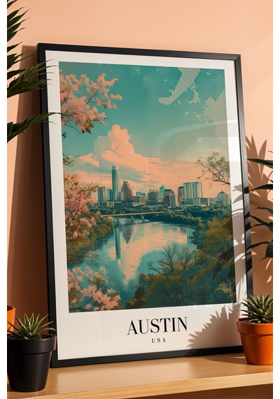 Austin Usa Vintage Seyahat Posteri Çerçeveli Tablo - Premium Şehir Manzaralı Elit Duvar Dekoru Siyah