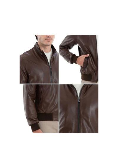 M M Marki Marki Erkek Kahverengi Hakiki Deri Kolej Ceket Trikolu Yaka Ve Manşet, Fermuarlı, Astarlı- 504322