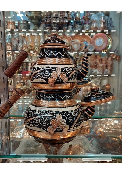 Bakır Çaydanlık El Işlemesi Çiçek Desenli Siyah Renk İşlemeli