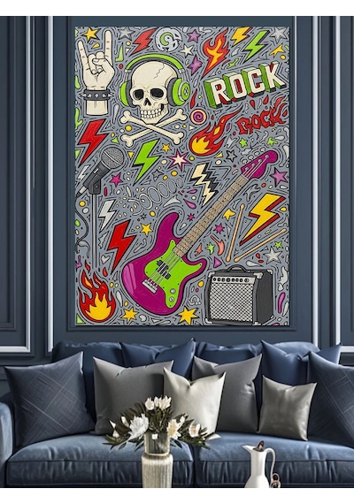 Ahşap Tablo Rock Müzik Kafatası Poster