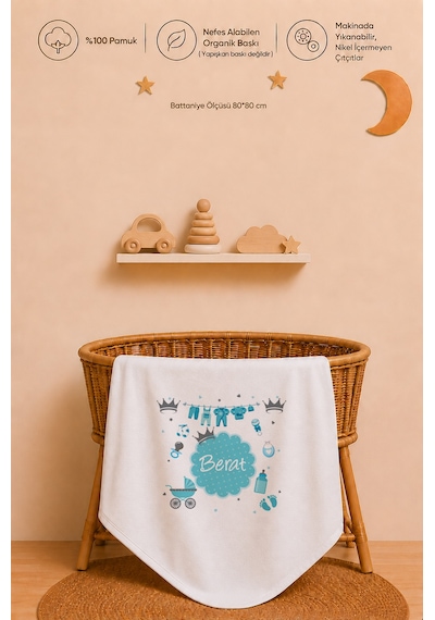 Erkek Bebek Hediyesi İsme Özel 80x80 Cm Çift Kat Penye Bebek Battaniyesi %100 Pamuk Ham Bez Kıyafet Keseli 2031bk0x Ekru