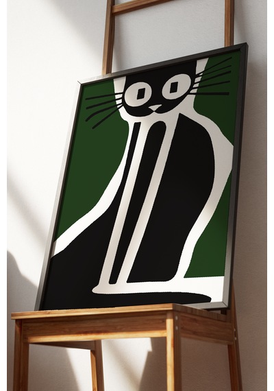 Kedi Cat Dekoratif Yeşil Poster Tablo Siyah Çerçeveli