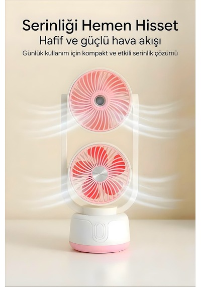 Şarjlı Çift Su Püskürtmeli 3 Kademeli Ayarlanabilir Masaüstü Fan Pembe