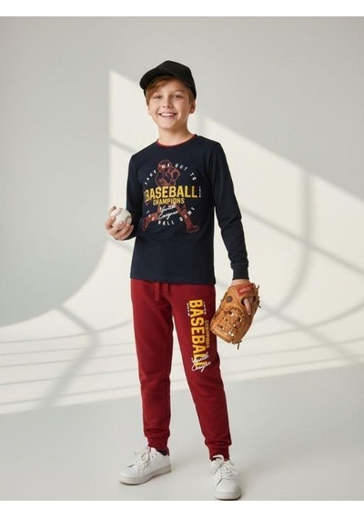 Zekids Erkek Çocuk Pamuklu Baseball Baskılı Pijama Takımı-16818 Siyah