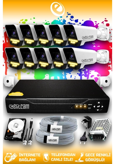 Elitcam 10 Kameralı Süper 10 Dış Kamera Set 100 GB 5 MP 2K Net Renkli Gece Görüşlü Güvenlik Kamerası Sistemi