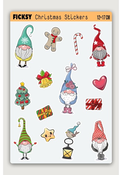 Sevimli Yılbaşı Cücesi Yeni Yıl Temalı Sticker Seti - 14 Adet Etiket Çıkartma Diğer