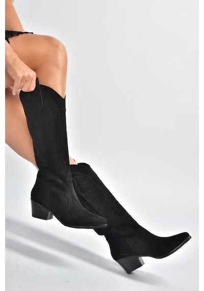 Fox Shoes V820356002 Siyah Süet Kalın Topuklu Kadın Çizme Siyah