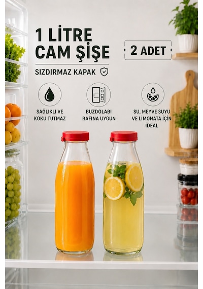Rotanev 2 Adet 1 Litre Şeffaf Sürahi Süt, Ayran, Su, Limonata, Meşrubat Şişesi Plastik Kapaklı Cam Şişe