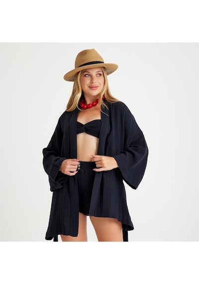 Miespiga Pamuklu Dokuma Beli Kuşaklı Mini Kadın Kimono Kaftan - Standart Siyah