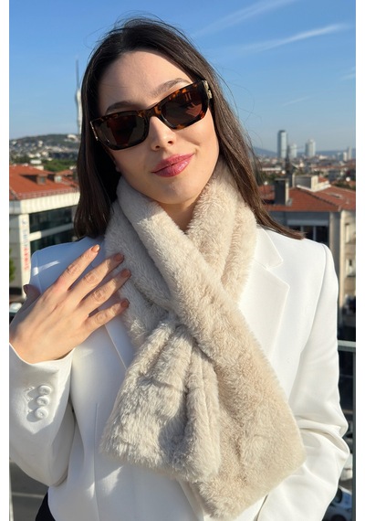 Mollycrush Kadın Bej Peluş Atkı Yumuşak Dokulu Premium Kışlık Bej