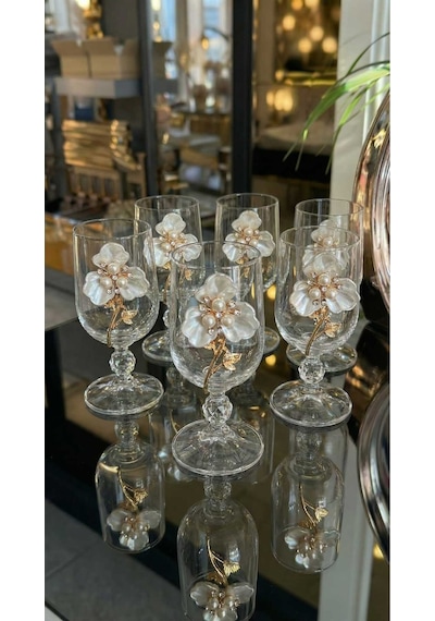 Çnr Home Collection 6 Lı Inci/çiçek Detaylı Gold Metal Süslemeli Ayaklı Cam Kahve Yani Kadeh Seti Şık Sunum Bardakları Gold