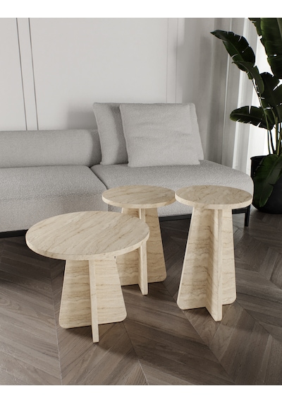 Mush 3lü Zigon Sehpa Traverten Desenli - Tamamı MDF