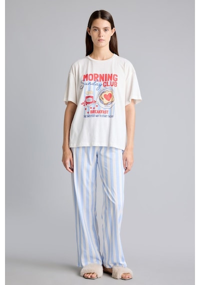 Defacto Regular Fit Kısa Kollu Baskılı Çizgili 2li Pijama Takımı I8337ax26aube250 Mavi-be250