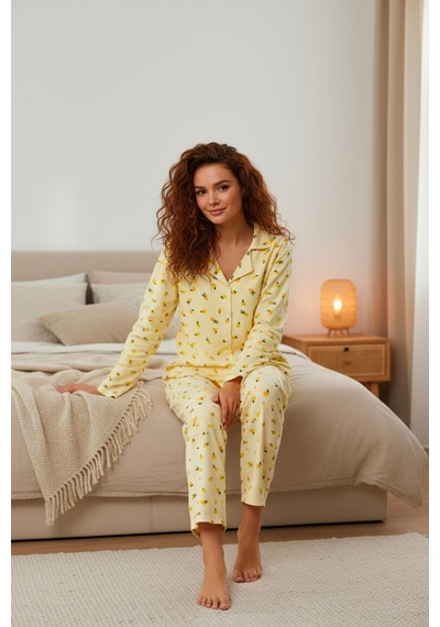 Süet Gömlek Pijama Takımı 7006 Limon Sarı