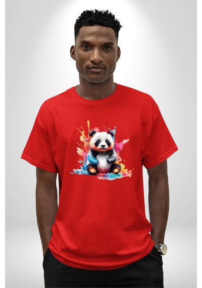 Renkli Yavru Panda Pamuklu Bisiklet Yaka Unisex Oversize Boyfriend Dijital Baskılı Kırmızı T-shirt Kırmızı