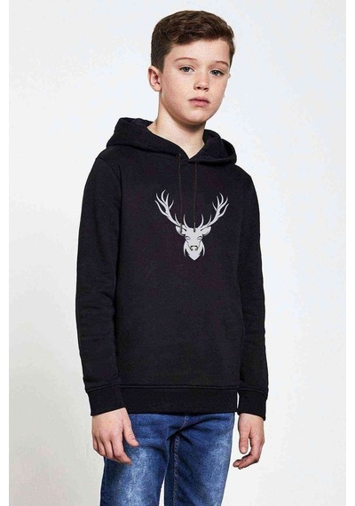 Tshirthane Silhouette Deer Baskılı Unisex Çocuk Kapüşonlu Siyah Sweatshirt Siyah
