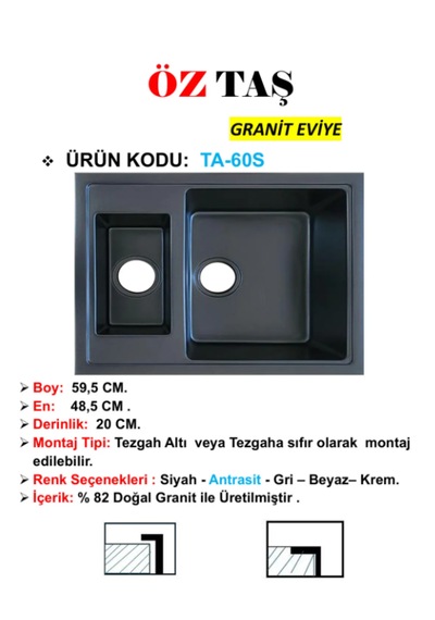 Öztaş TA-60s Granit Mutfak Eviye Siyah Tek Gözlü 485 x 595 MM