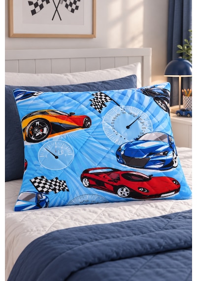 Kapitone Fermuarlı Yastık Alezi 50x70 Cm Pamuklu Yastık Koruyucu Kılıf Elyaf Dolgulu Mavi Araba