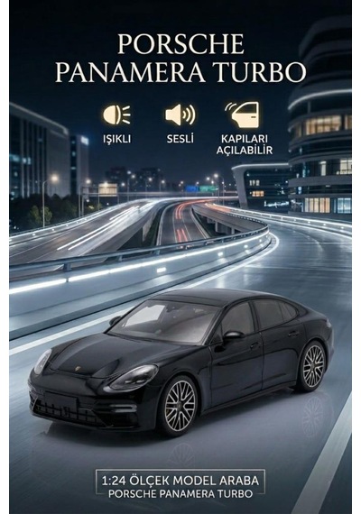 Işıklı Sesli Pilli 1:24 Metal Porsche Panamera Turbo Kapısı Kaputu Ve Bagajı Açılabilir Model Araba Siyah