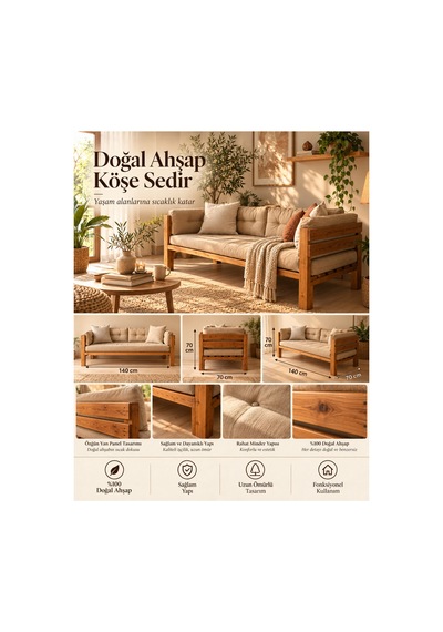 Doğal Ahşap Sedir Koltuk 140x70 Cm Masif Ahşap Yan Panelli Modern Daybed / Balkon Ve Salon Sedir Koyu Ceviz