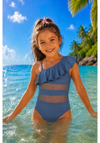 My Kids Wear Kız Çocuk Fırfır Ve Tül Detaylı Tek Parça Mayo. 12840 Mavi