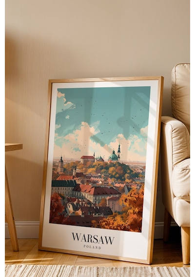 Warsaw Poland Vintage Seyahat Posteri Çerçeveli Tablo - Premium Varşova Elit Duvar Dekoru Kayın