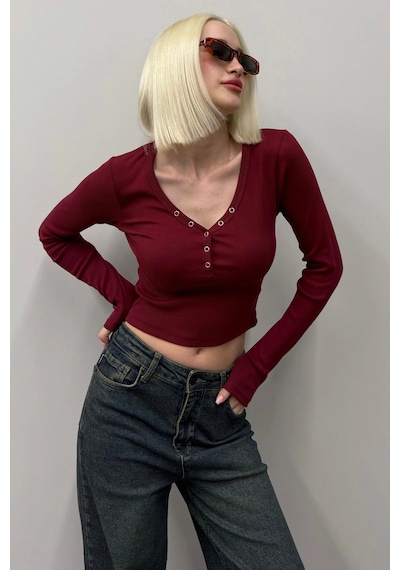 Madmext Bordo V Yaka Uzun Kollu Düğme Detaylı Kaşkorse Bodysuit Mg2194 Bordo
